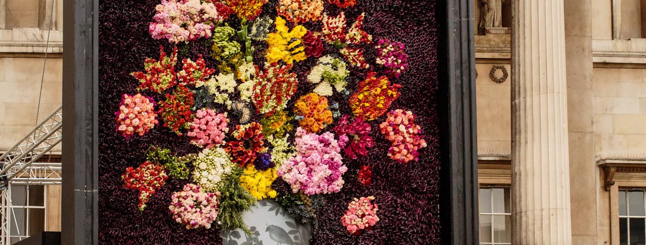 completed floral masterpiece outside The National Gallery in London. Photo by Catherine Pound Photography