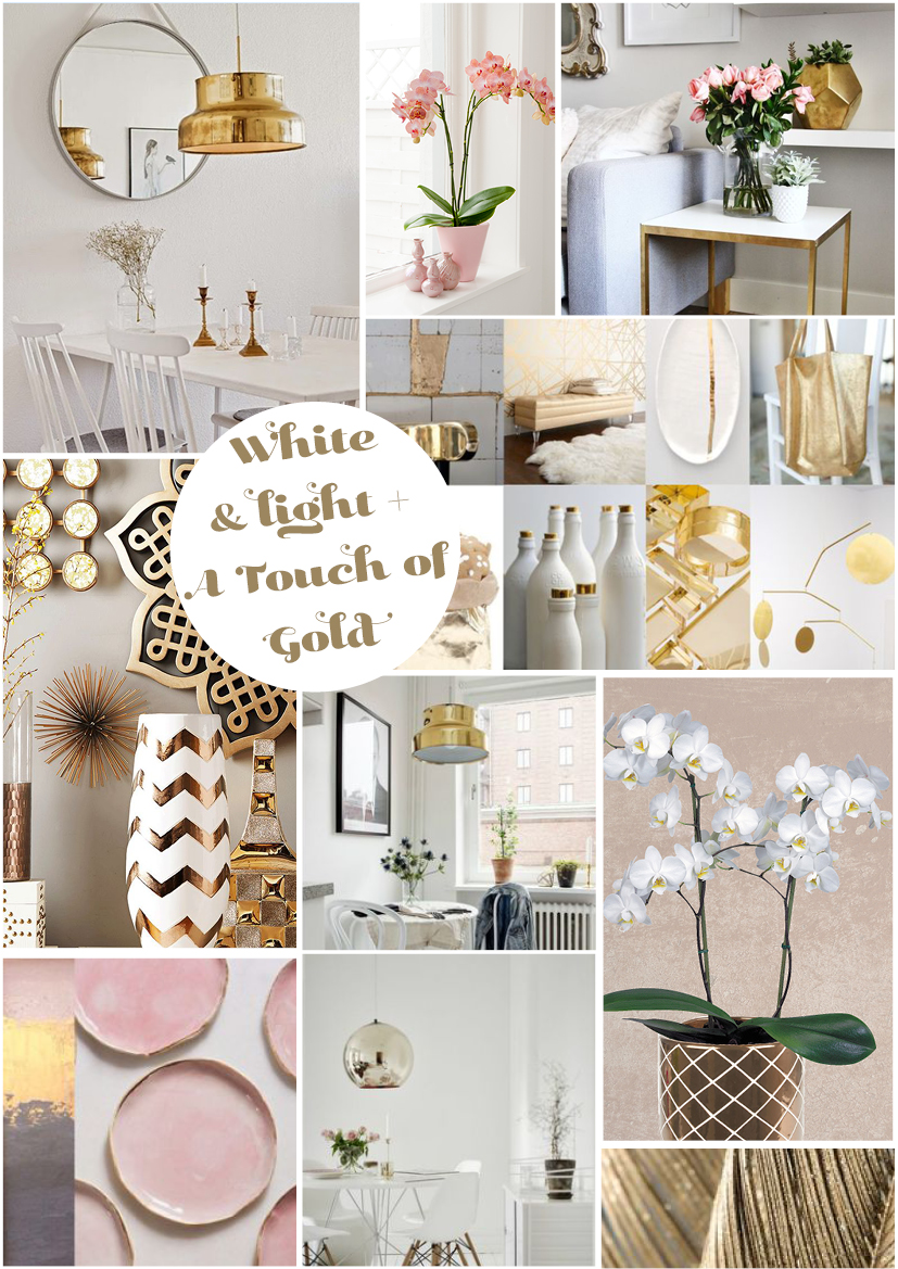 White and light interiors with a touch of gold and phalaenopsis orchids