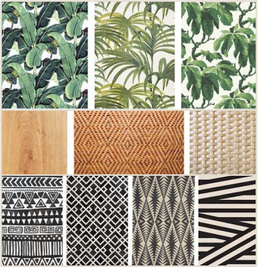 Botanic prints, etnic patterns and natural wood and rattan