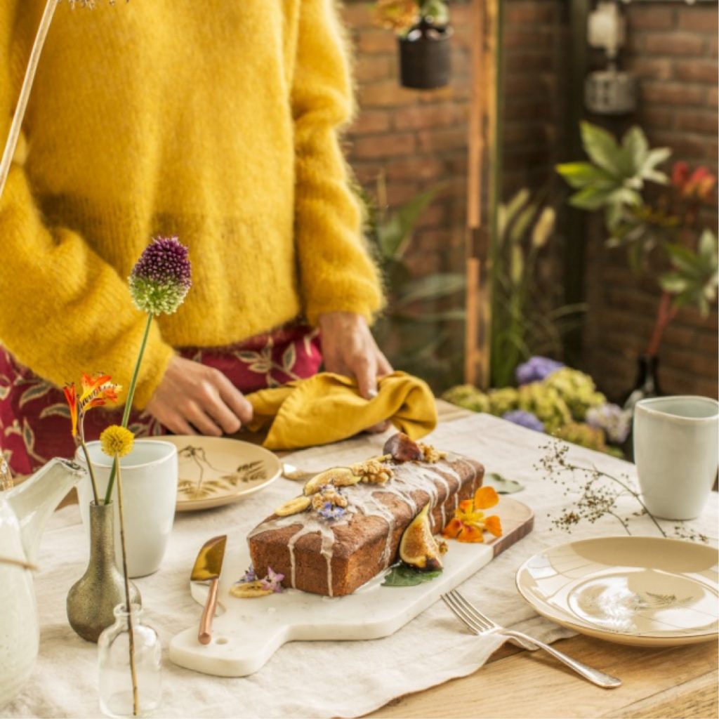 banana and walnut cake with borage